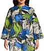 Color:Blue Multi - Image 1 - Plus Size Woven Mesh Abstract Floral Print High Neck Long Sleeve Asymmetric Coordinating One Button-Front Jacket
