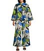 Color:Blue Multi - Image 3 - Plus Size Woven Mesh Abstract Floral Print High Neck Long Sleeve Asymmetric Coordinating One Button-Front Jacket