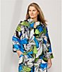 Color:Blue Multi - Image 5 - Plus Size Woven Mesh Abstract Floral Print High Neck Long Sleeve Asymmetric Coordinating One Button-Front Jacket