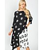Color:Black - Image 5 - Woven Dot Mixed Print Crew Neck 3/4 Sleeve A-Line Asymmetrical Hem Dress