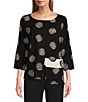 Color:Black - Image 1 - Woven Dotted Mixed Print Crew Neck 3/4 Sleeve Top
