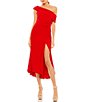 Color:Red - Image 1 - Ieena for Mac Duggal Asymmetric One Shoulder Thigh High Slit Jersey Midi Dress