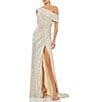 Color:Nude - Image 1 - Ieena for Mac Duggal One Shoulder Cap Sleeve Thigh High Slit Sequin Sheath Gown