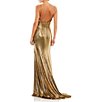 Color:Bronze - Image 2 - Ieena for Mac Duggal Plunging Surplice V-Neck Sleeveless Open Back Detail Sheath Gown