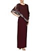 Color:Fig - Image 1 - Asymmetrical 3/4 Capelet Cold Shoulder Sleeve Round Neck Metallic Trim Popover Dress