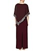 Color:Fig - Image 2 - Asymmetrical 3/4 Capelet Cold Shoulder Sleeve Round Neck Metallic Trim Popover Dress