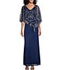 Color:Navy - Image 1 - Petite Size 3/4 Sleeve Asymmetrical Glitter Mesh Capelet V-Neck Jersey Gown