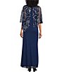 Color:Navy - Image 2 - Petite Size 3/4 Sleeve Asymmetrical Glitter Mesh Capelet V-Neck Jersey Gown