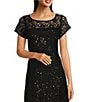 Color:Black - Image 3 - Petite Size Cap Sleeve Scoop Neck Sequin Lace A-Line Midi Dress