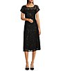 Color:Black - Image 1 - Petite Size Cap Sleeve Scoop Neck Sequin Lace A-Line Midi Dress