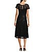 Color:Black - Image 2 - Petite Size Cap Sleeve Scoop Neck Sequin Lace A-Line Midi Dress