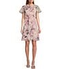 Color:Lilac Multi - Image 1 - Petite Size Chiffon Short Sleeve Embellished Crew Neck Front Cascade Floral Shift Dress