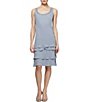 Color:Concrete - Image 3 - Petite Size Lace-Shoulder Chiffon 3/4 Sleeve Scoop Neck 2-Piece Jacket Dress