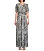 Color:Silver Multi - Image 1 - Petite Size Metallic Short Sleeve Scoop Neck V-Back Printed Ruched Waist A-Line Maxi Dress