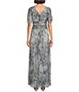 Color:Silver Multi - Image 2 - Petite Size Metallic Short Sleeve Scoop Neck V-Back Printed Ruched Waist A-Line Maxi Dress