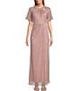 Color:Faded Rose - Image 1 - Petite Size Short Sleeve Embellished Cutout Crew neck Front Slit Gown