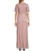 Color:Faded Rose - Image 2 - Petite Size Short Sleeve Embellished Cutout Crew neck Front Slit Gown