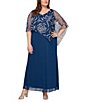 Color:Navy - Image 1 - Plus Size Short Sleeve Asymmetrical Glitter Mesh Capelet V-Neck Jersey Gown