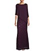 Color:Deep Plum - Image 1 - Short Sleeve Boat Neck Beaded Sequin Floral Lace Capelet Gown