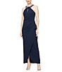 Color:Navy - Image 1 - Petite Size Scuba Crepe Sleeveless Beaded Twisted Halter Neck Ruffled Gown