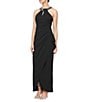 Color:Black - Image 1 - Petite Size Scuba Crepe Sleeveless Beaded Twisted Halter Neck Ruffled Gown
