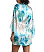Color:Aqua - Image 2 - Floral Print Satin Wrap Short Robe