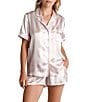 Color:Ivory/Pink - Image 1 - Satin Striped Notch Collar Shorty Pajama Set