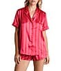 Color:Red/Pink - Image 1 - Satin Striped Notch Collar Shorty Pajama Set