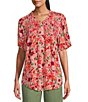 Color:Hot Coral Floral Print - Image 1 - Floral Print Frill Crew Neck Short Sleeve Smocked Yoke Lace Inset Half-Button Front Top