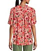 Color:Hot Coral Floral Print - Image 2 - Floral Print Frill Crew Neck Short Sleeve Smocked Yoke Lace Inset Half-Button Front Top