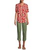 Color:Hot Coral Floral Print - Image 3 - Floral Print Frill Crew Neck Short Sleeve Smocked Yoke Lace Inset Half-Button Front Top