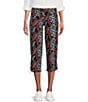 Color:Ebony Black/Multicolor Frond Leaves - Image 1 - Jersey Stretch Printed Love Fit Bungee Straight Leg Capri Pull-On Leggings