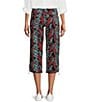 Color:Ebony Black/Multicolor Frond Leaves - Image 2 - Jersey Stretch Printed Love Fit Bungee Straight Leg Capri Pull-On Leggings