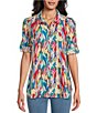 Color:Strawberry - Image 1 - Linen Blend Multi Print Point Collar 3/4 Roll-Tab Sleeve Button-Front Shirt