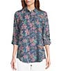 Color:Sun Wash/Floral Geometric Mix Print - Image 1 - Petite Size Floral Geometric Mix Print Long Roll-Tab Sleeve Button Front Point Collar Tencel Shirt