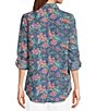 Color:Sun Wash/Floral Geometric Mix Print - Image 2 - Petite Size Floral Geometric Mix Print Long Roll-Tab Sleeve Button Front Point Collar Tencel Shirt
