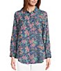 Color:Sun Wash/Floral Geometric Mix Print - Image 3 - Petite Size Floral Geometric Mix Print Long Roll-Tab Sleeve Button Front Point Collar Tencel Shirt