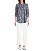 Color:Sun Wash/Floral Geometric Mix Print - Image 4 - Petite Size Floral Geometric Mix Print Long Roll-Tab Sleeve Button Front Point Collar Tencel Shirt