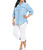 Color:Light Bleach Wash - Image 3 - Plus Size Button Front Slub Point Collar Roll-Tab Long Sleeve Lyocell Shirt