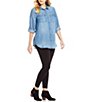 Color:Medium Blue - Image 3 - Plus Size Button Front Slub Point Collar Roll-Tab Long Sleeve Lyocell Shirt