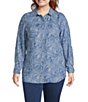Color:Sun Wash Floral Sketch - Image 1 - Plus Size Floral Sketch Print Point Collar Long Roll-Tab Sleeve Button Front Shirt