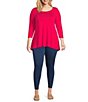 Color:Rose Red - Image 3 - Plus Size Scoop Neck 3/4 Sleeve Pleat Back High-Low Hem Legging Tee Shirt