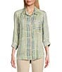 Color:Bok Choy Shadow Stripe - Image 1 - Watercolor Plaid Woven Point Collar 3/4 Roll-Tab Sleeve Button-Front Tunic