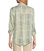 Color:Bok Choy Shadow Stripe - Image 2 - Watercolor Plaid Woven Point Collar 3/4 Roll-Tab Sleeve Button-Front Tunic