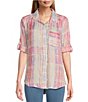 Color:Aurora Pink Shadow Stripe - Image 1 - Watercolor Plaid Woven Point Collar 3/4 Roll-Tab Sleeve Button-Front Tunic