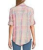 Color:Aurora Pink Shadow Stripe - Image 2 - Watercolor Plaid Woven Point Collar 3/4 Roll-Tab Sleeve Button-Front Tunic