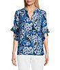 Color:Upbeat Bloom - Image 1 - Laikyn Signature Upbeat Bloom Print V-Neck 3/4 Ruffled Sleeve Top