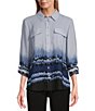 Color:Etched Border - Image 1 - Olivia Point Collar Etched Border Long Roll-Tab Sleeve Button Front Utility Blouse