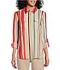 Color:Poetic Stripe - Image 1 - Olivia Point Collar Poetic Stripe Long Roll-Tab Sleeve Button Front Utility Blouse