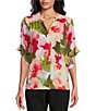 Color:Floral Wash - Image 1 - Petite Size Laikyn Signature Floral Wash Print V-Neck 3/4 Ruffled Sleeve Top